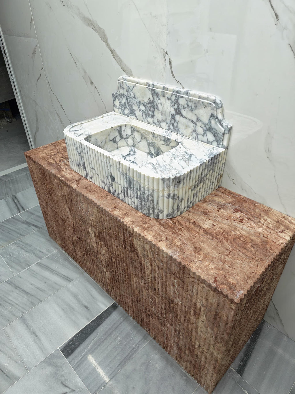 Custom honed calacatta viola Sink for 30”x16”x8” 8” backsplash