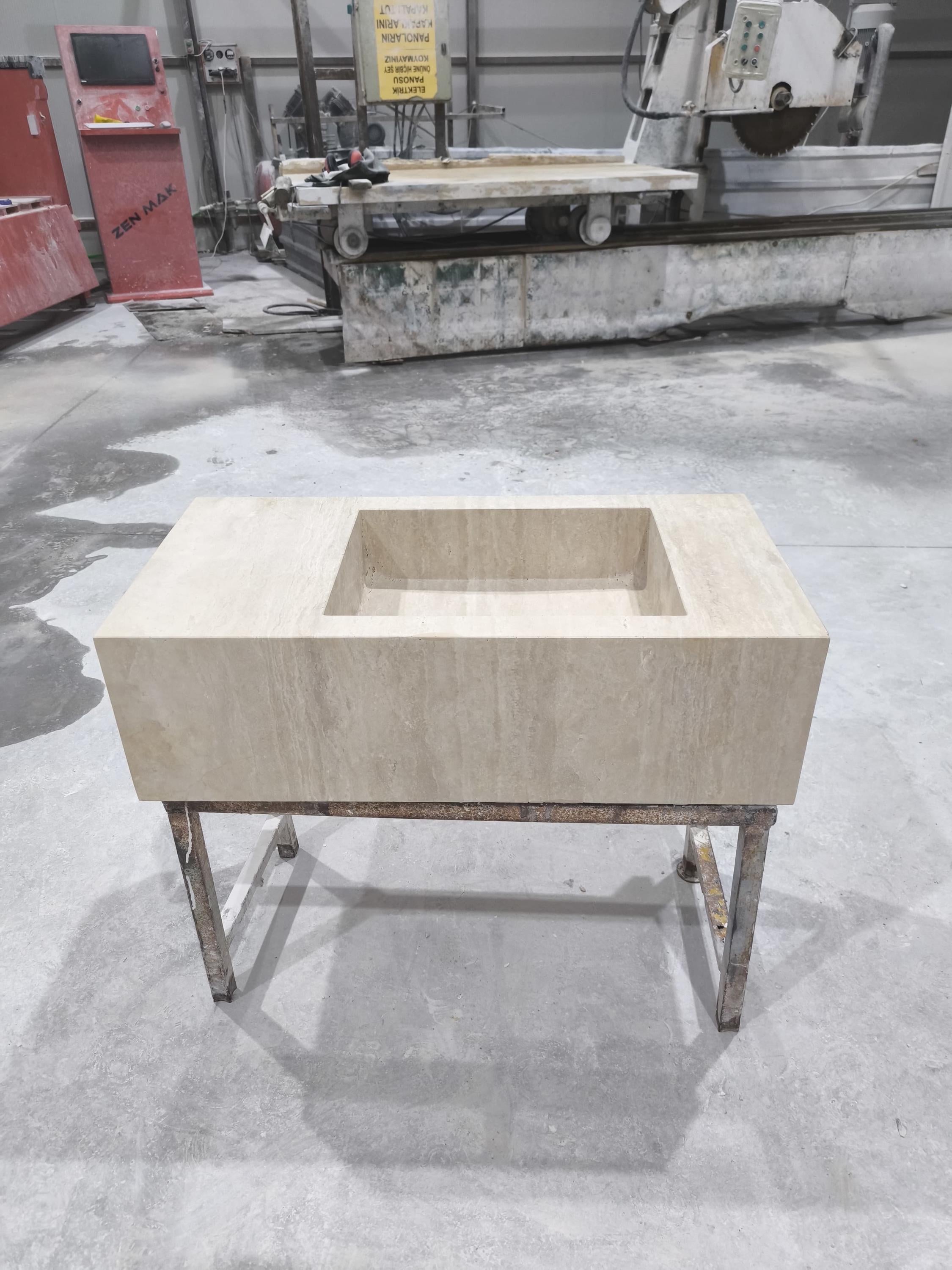 Handcrafted Beige Travertine Rectangular Sink: Natural Stone Bathroom Washbasin