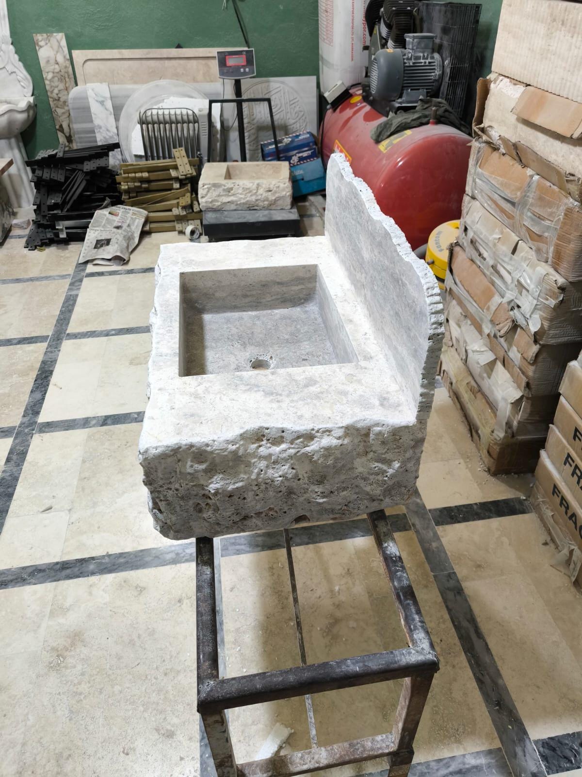 Complete Chiseled Natural Silver Travertine Sink: Rustic Powder Room, Wall Mount , Integrated Sinks
