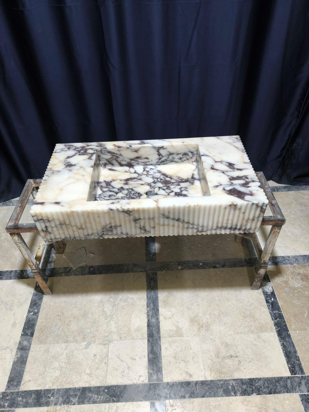 Hand Carved Calacatta Viola Marble Sink: Fluted Wall Mount Vessel