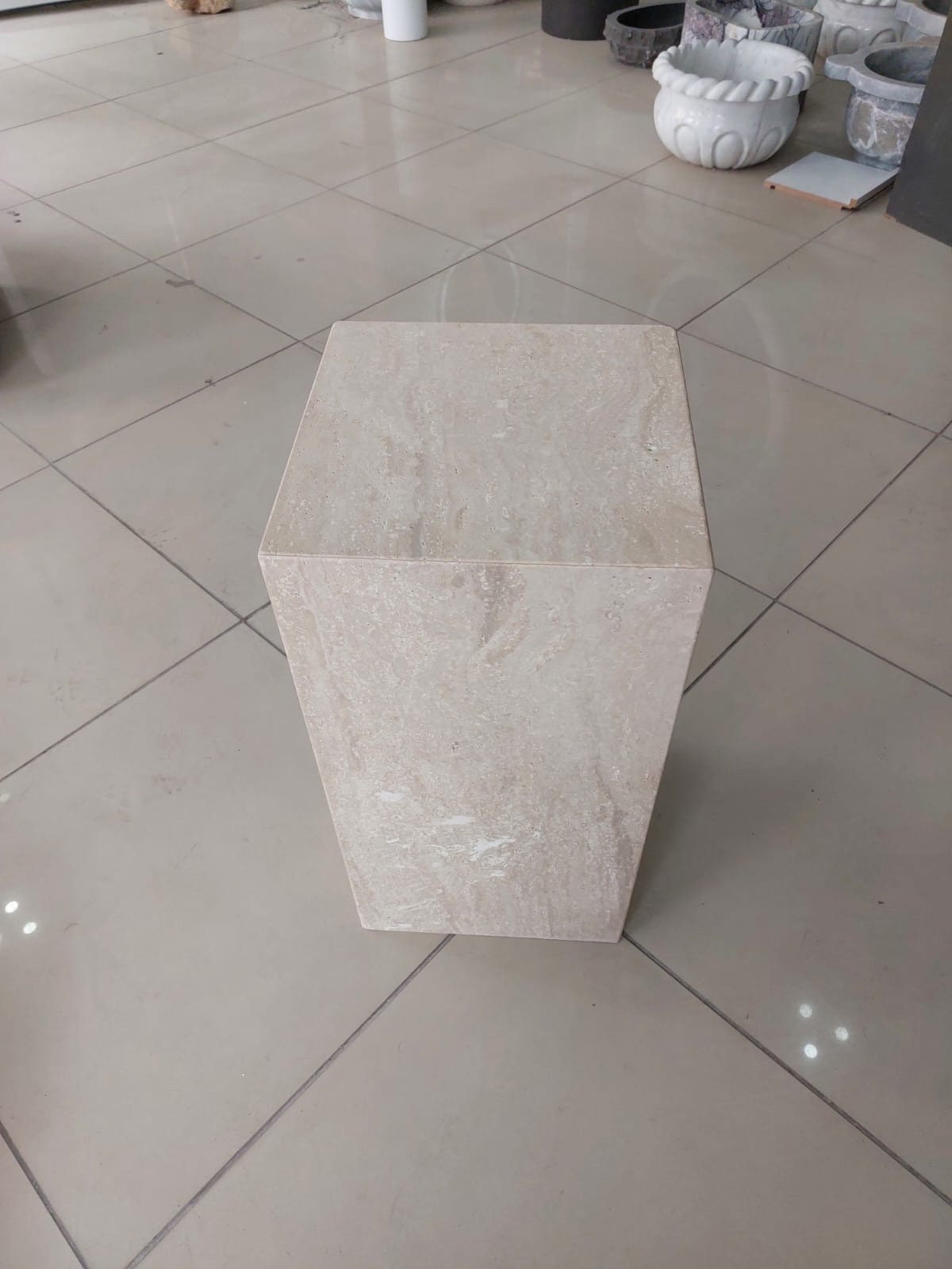 Silver Travertine Side Table: Custom Marble Plinth