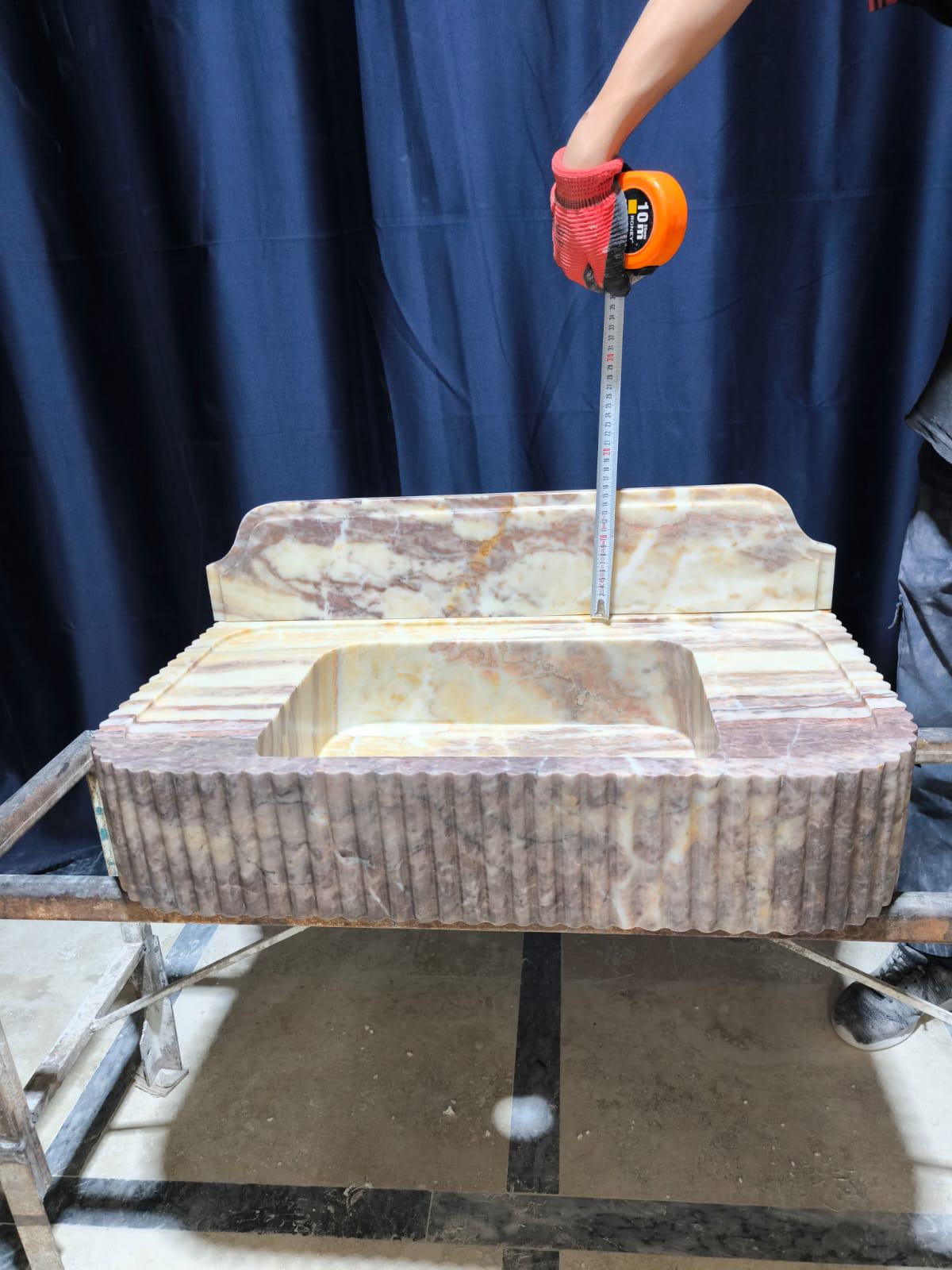 Handmade Pink Marble Sink with Backsplash - Wall Mounted Natural Stone