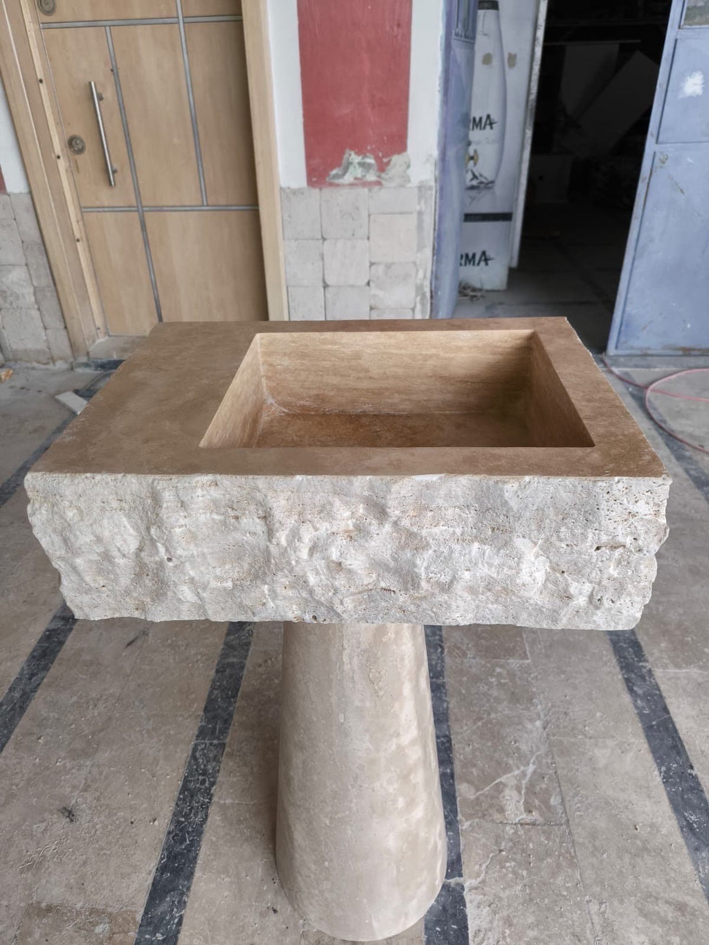 Handcrafted Travertine Marble Sink: Wall Mounted Washbasin with Faucet Hole