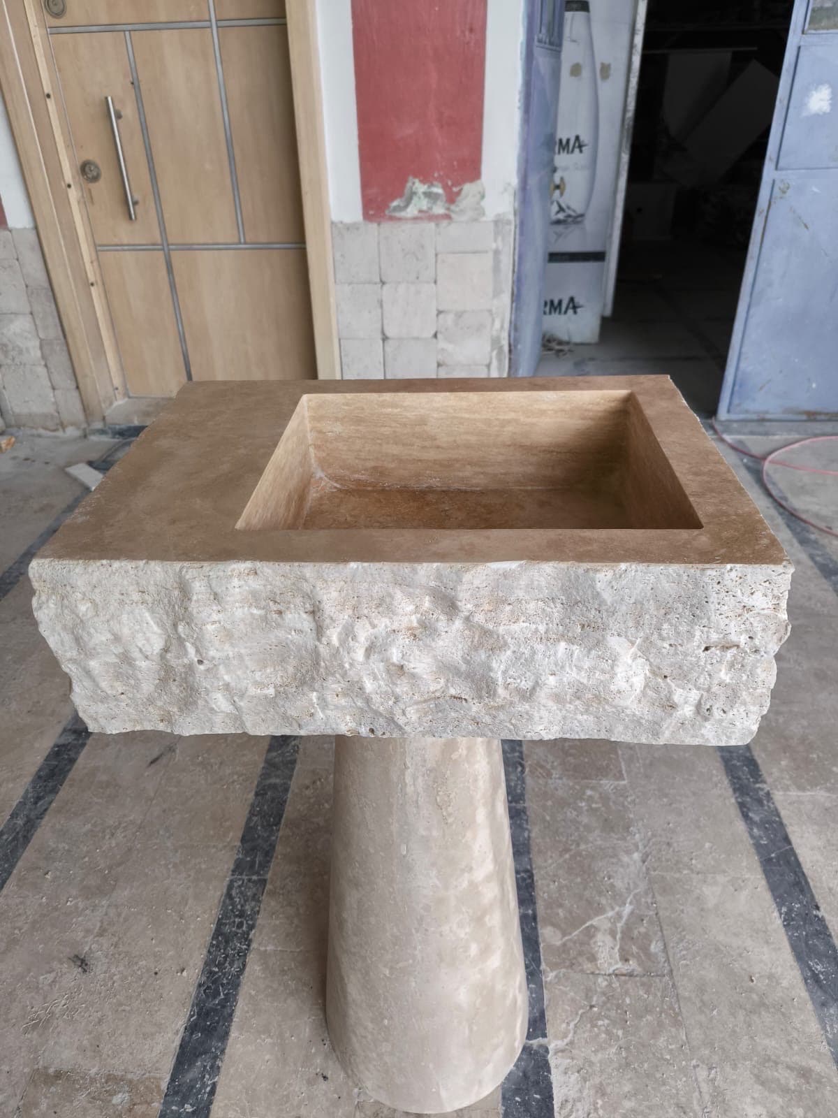 Handcrafted Travertine Marble Sink: Wall Mounted Washbasin with Faucet Hole