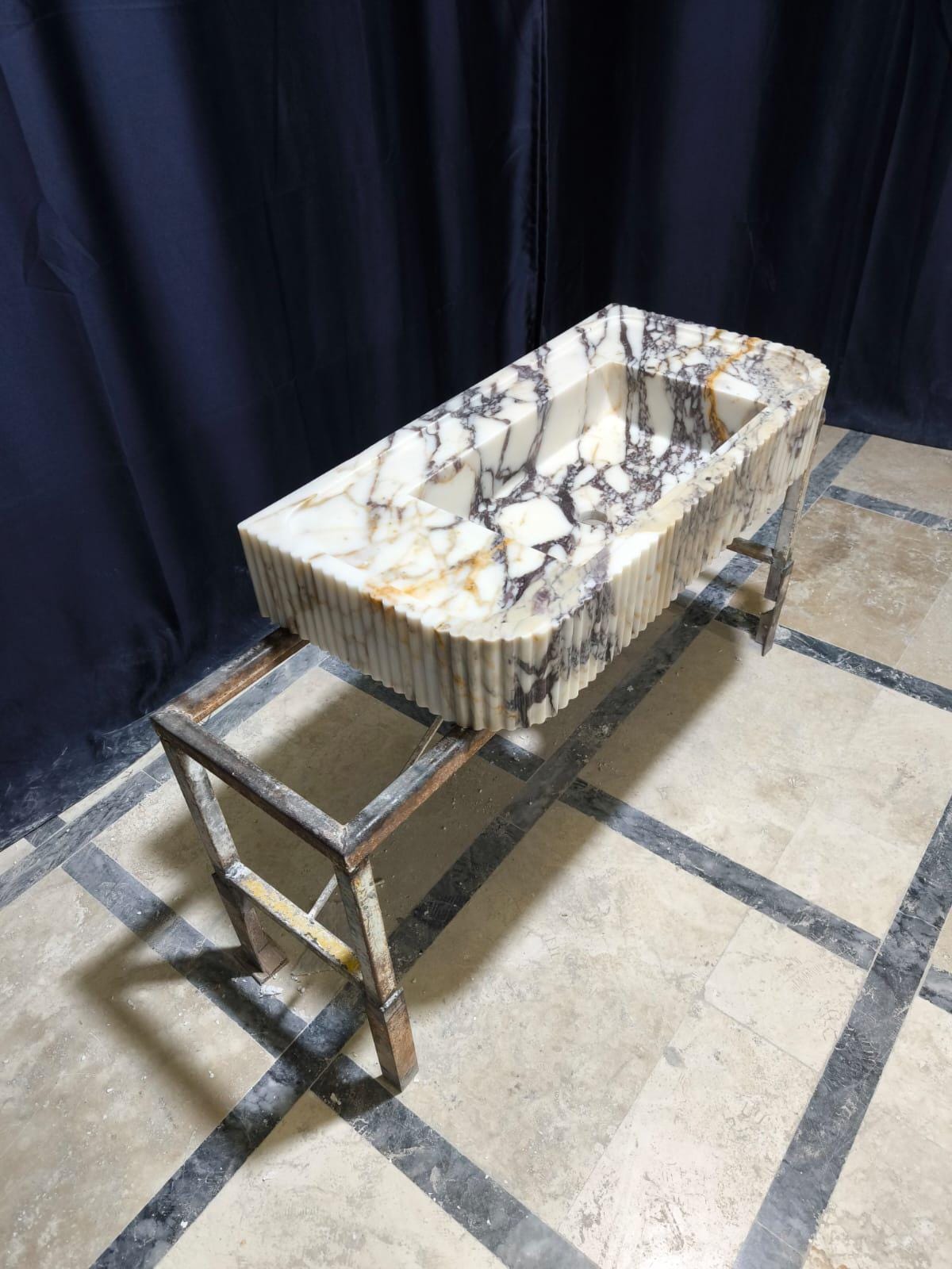 Hand Carved Calacatta Viola Marble Sink: Fluted Vessel Washbasin