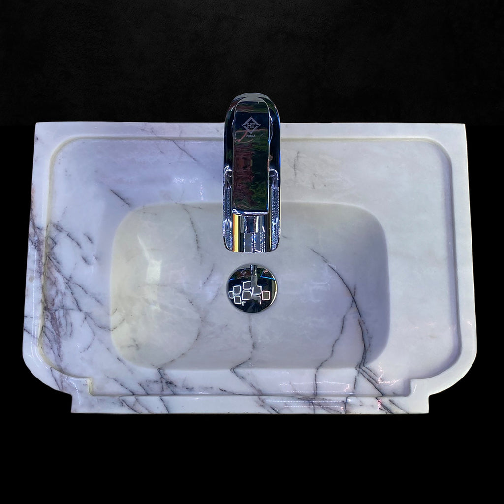 Handcrafted Gray White Marble Square Sink with Faucet Outlet