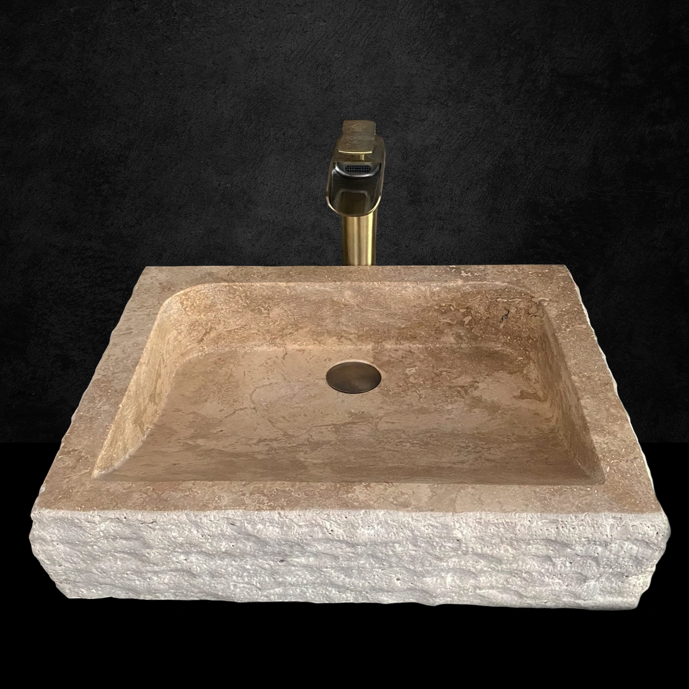 Travertine Inclined Inside Rectangular Sink - With Faucet Hole - Handcrafted, %100 Natural Stone, Washbasin