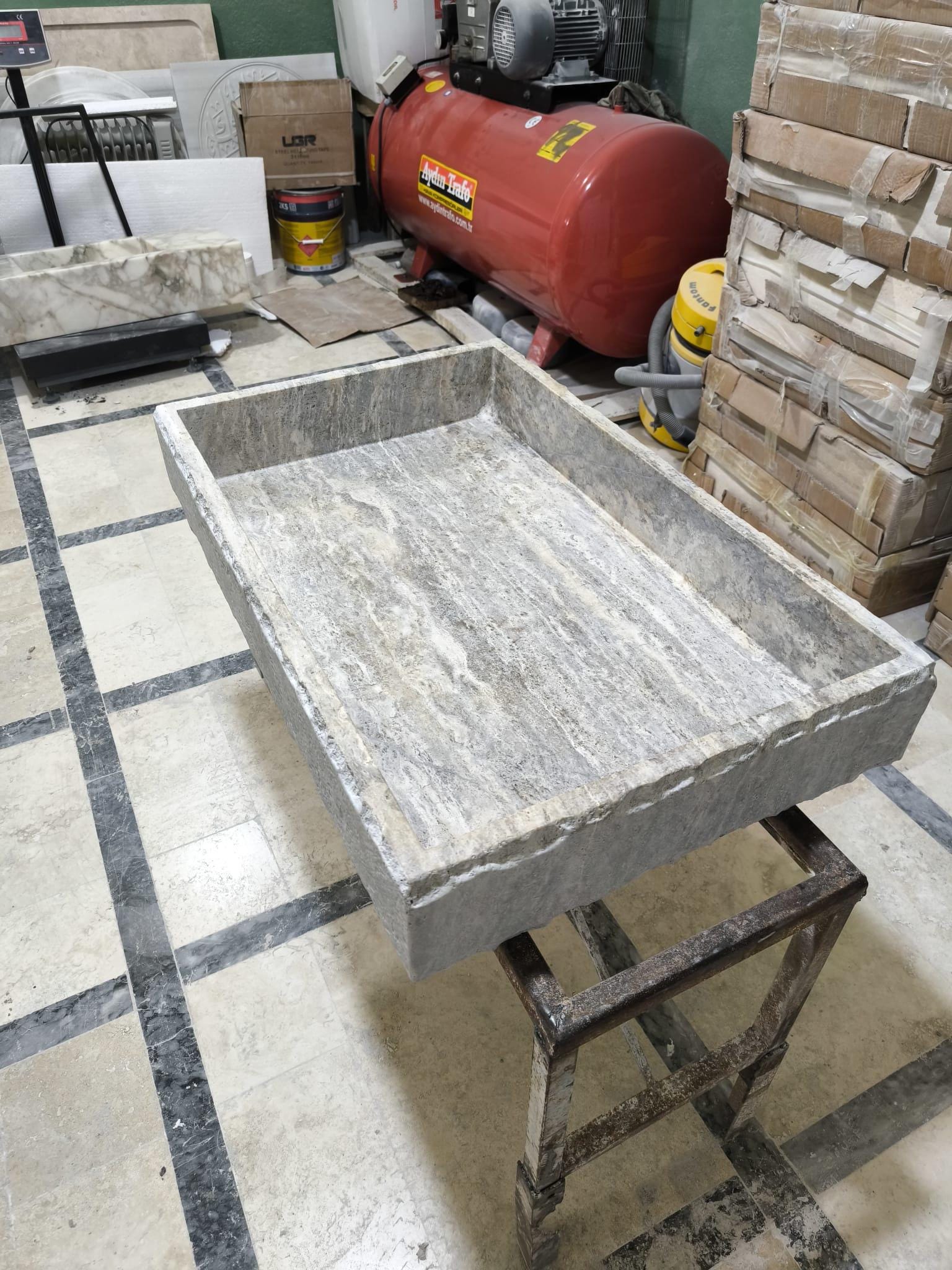 Handcrafted Silver Travertine Rectangular Sink: Natural Stone Washbasin
