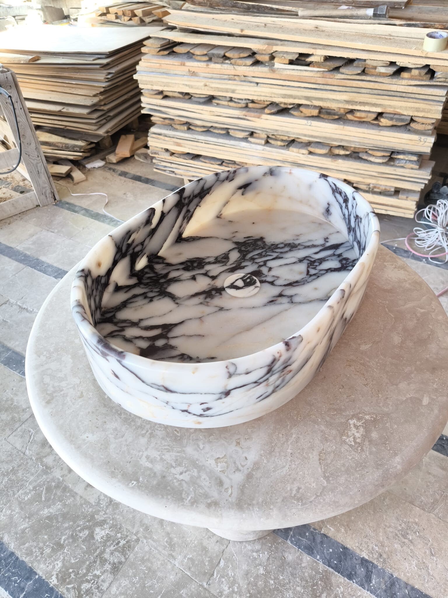 Calacatta Viola Marble Sink: Hand Carved Rounded Stone Sink
