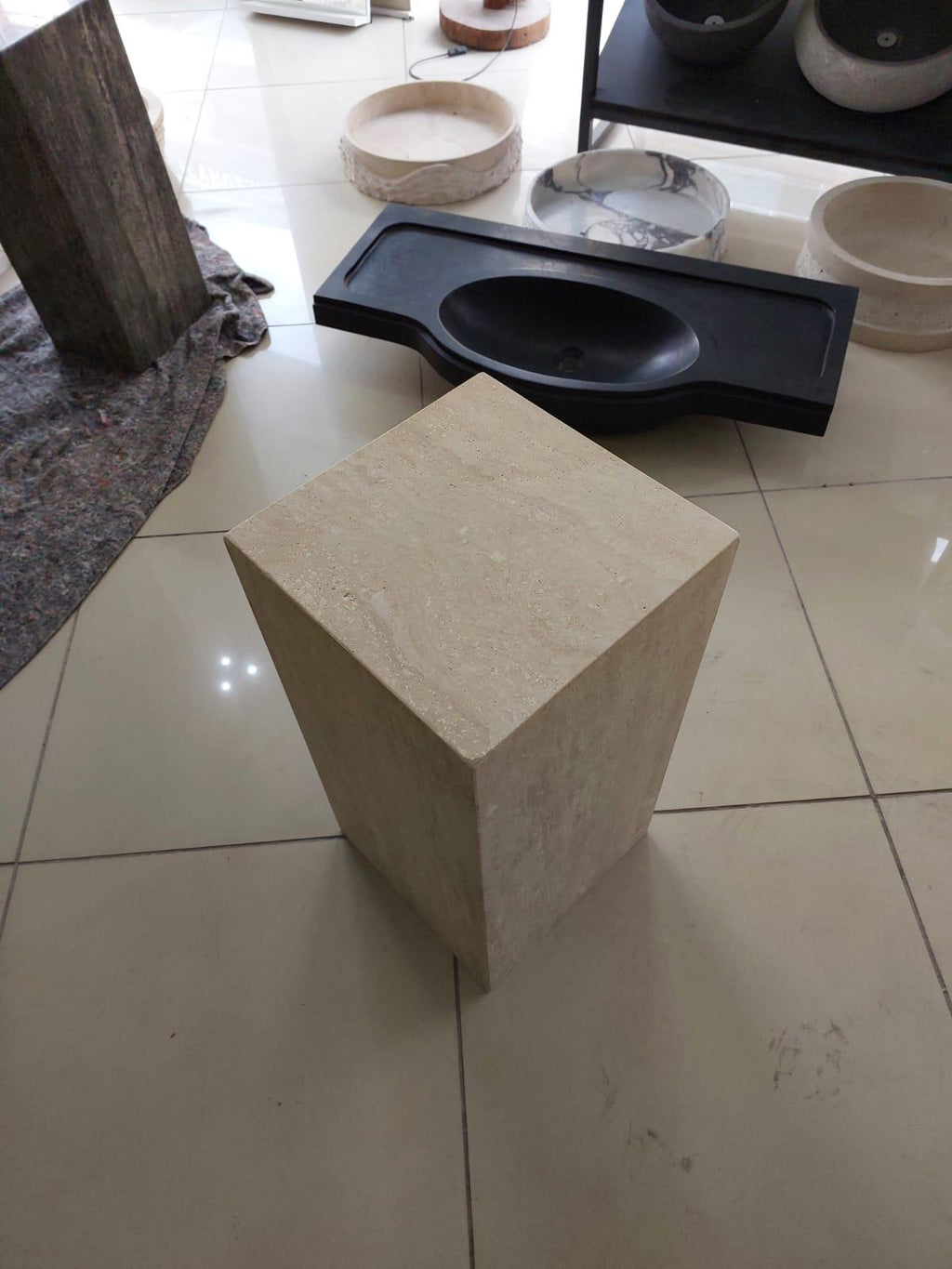 Silver Travertine Side Table: Custom Marble Plinth