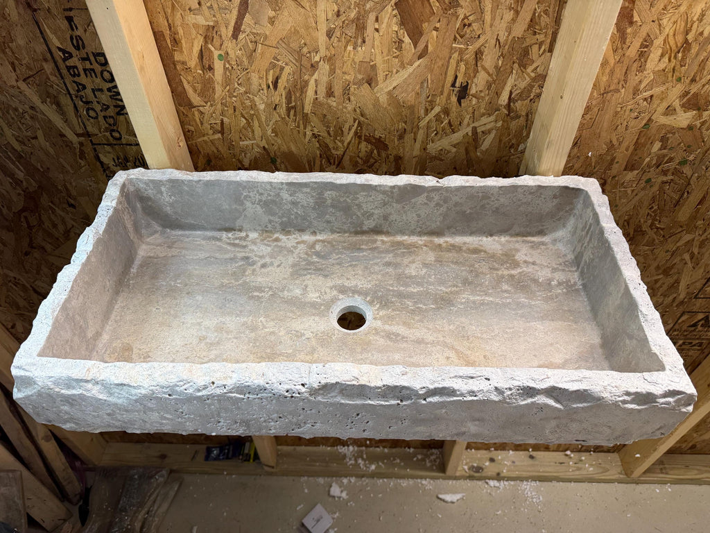 Handcrafted Silver Travertine Rectangular Sink: Natural Stone Washbasin