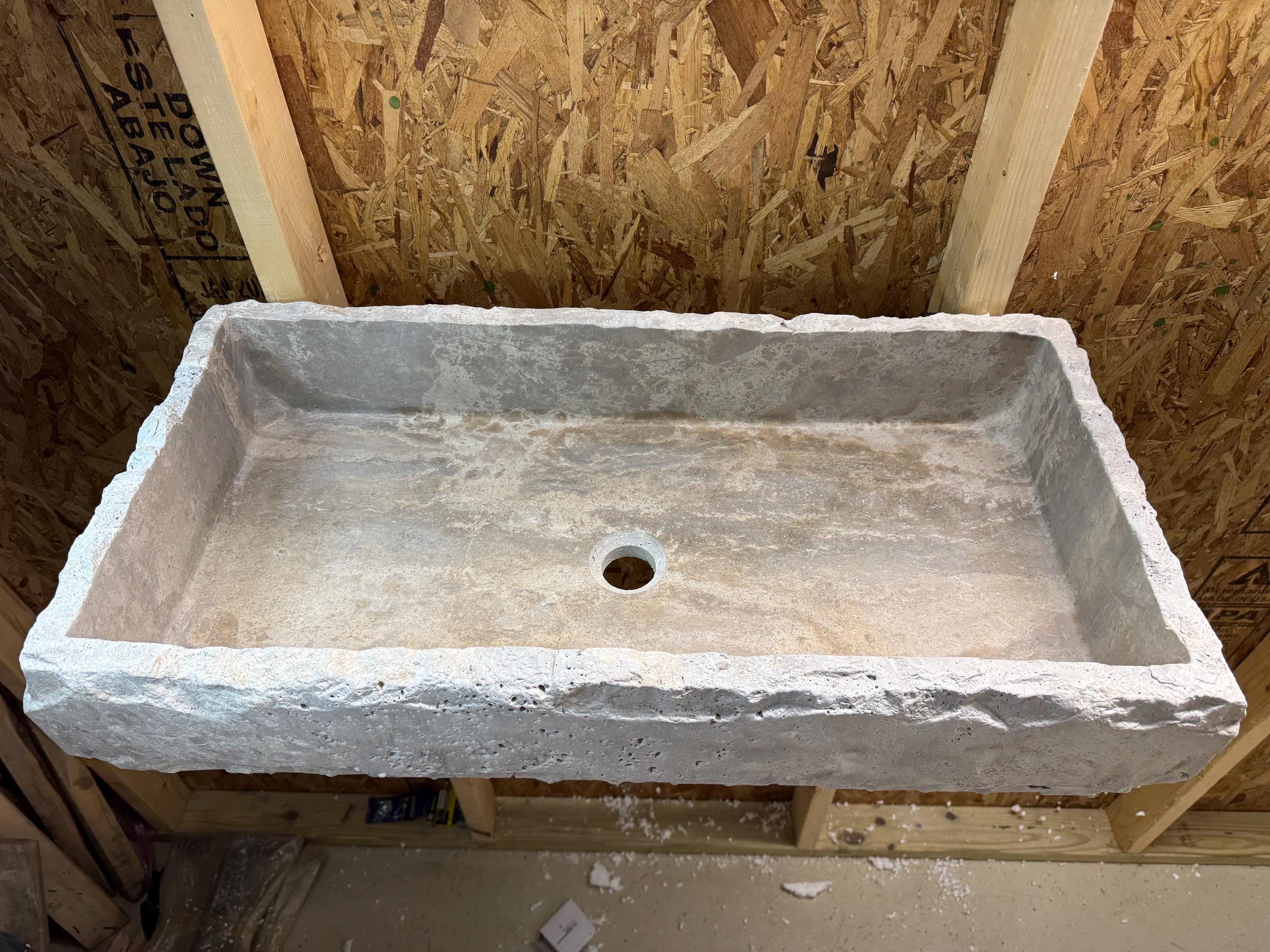 Handcrafted Silver Travertine Rectangular Sink: Natural Stone Washbasin