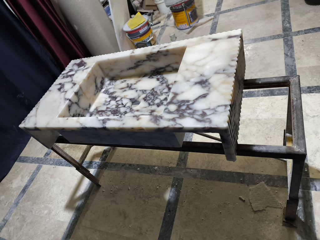 Hand Carved Calacatta Viola Marble Sink: Fluted Wall Mount Vessel
