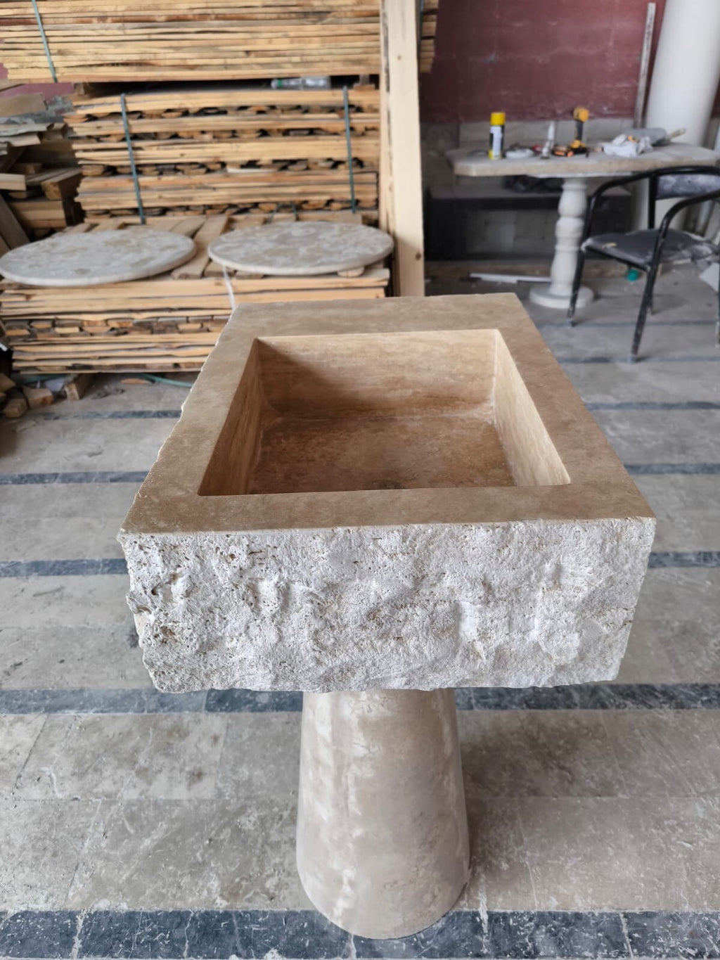 Handcrafted Travertine Marble Sink: Wall Mounted Washbasin with Faucet Hole