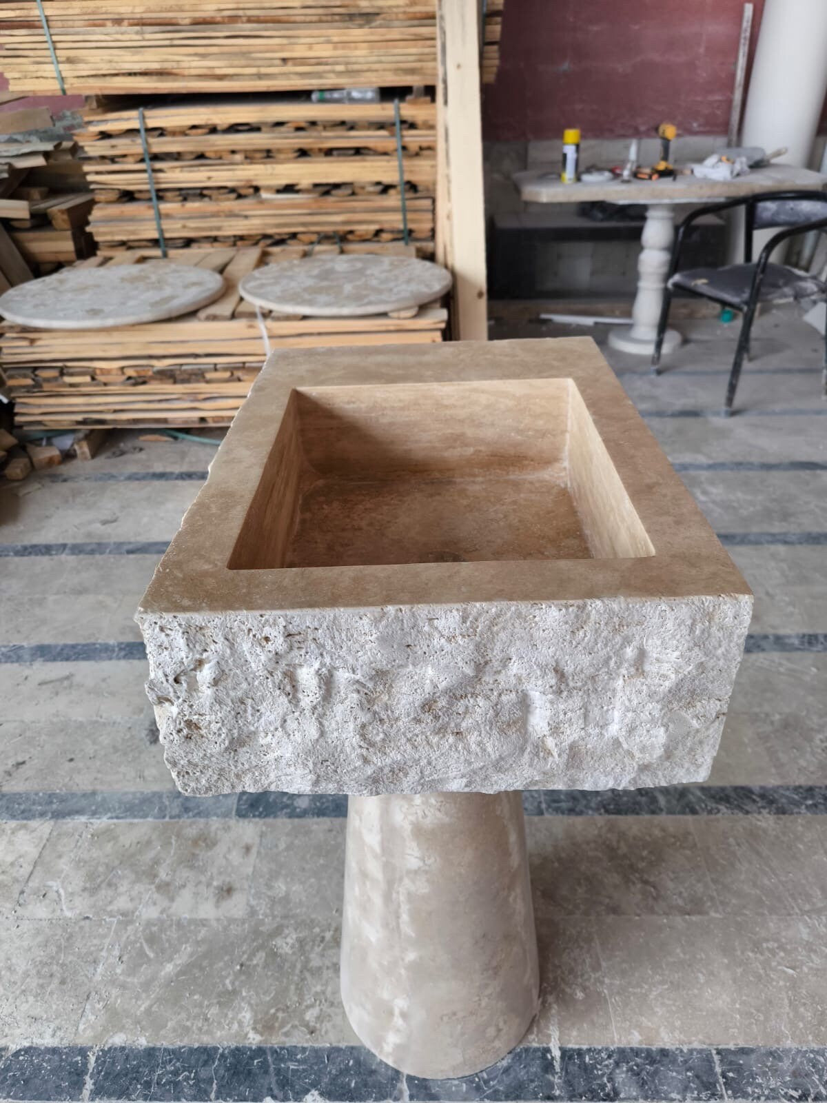 Handcrafted Travertine Marble Sink: Wall Mounted Washbasin with Faucet Hole